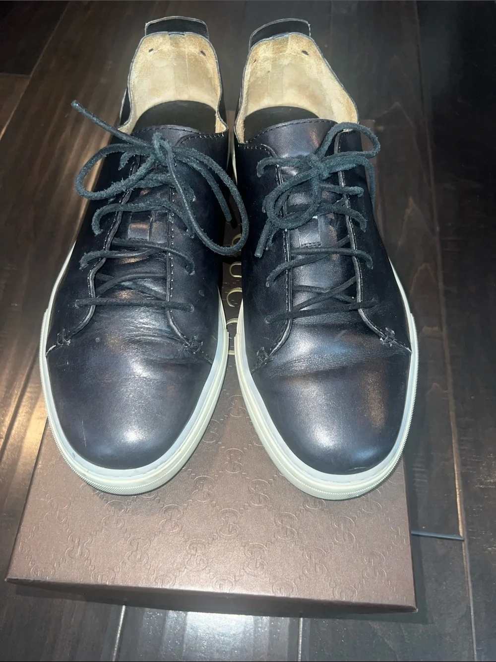 Authentic Gucci Black Leather Low-Top Sneakers with White Sole